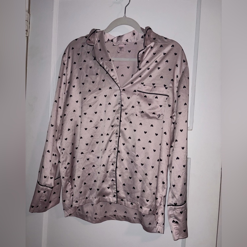 Victoria's Secret Pink Satin Pajama Top with Black Hearts